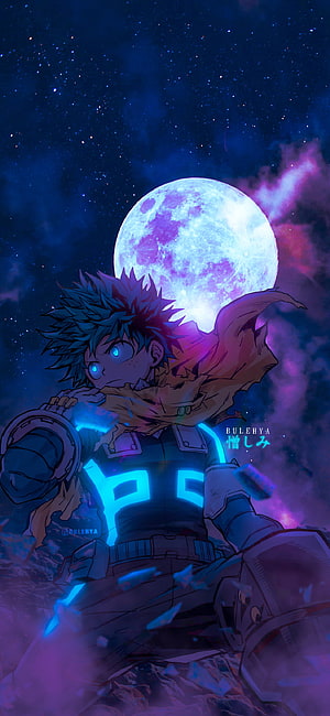 Izuku Midoriya One Punch Man Style Anime Wallpaper Under Giant Moon, my hero academia, shoto, midoriya, allforone, bokunoheroacademia, bakugo, deku, mha, allmight, anime, myheroacademia HD phone wallpaper
