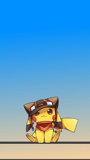 Pikachu Wearing Explorer Hat and Goggles Against a Clear Blue Sky HD phone wallpaper