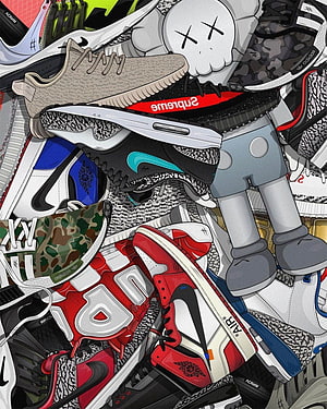 KAWS Companion Sneaker Collage with Supreme and Nike Air Jordan HD phone wallpaper
