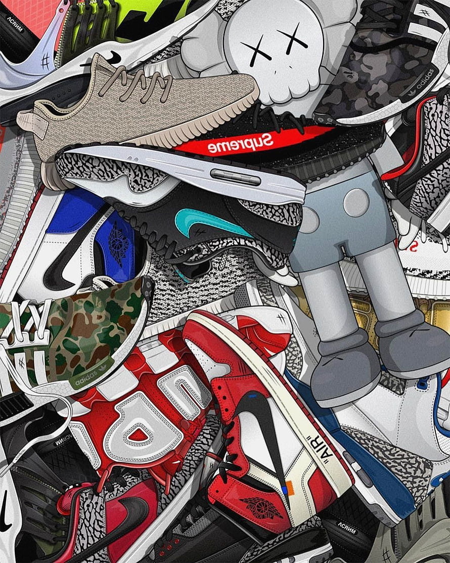 KAWS Companion Sneaker Collage with Supreme and Nike Air Jordan HD phone wallpaper