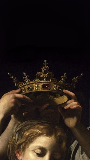 Classical painting of a young figure placing a jeweled golden crown on their head against a dark background HD phone wallpaper