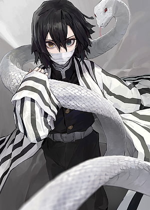 Iguro Obanai from Demon Slayer with White Snake in Striped Haori HD phone wallpaper