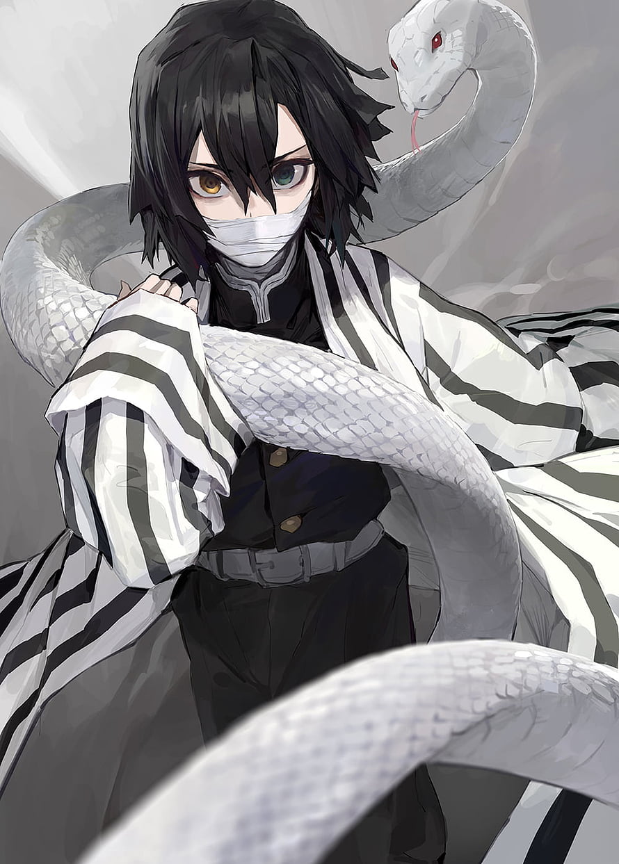 Iguro Obanai from Demon Slayer with White Snake in Striped Haori HD phone wallpaper
