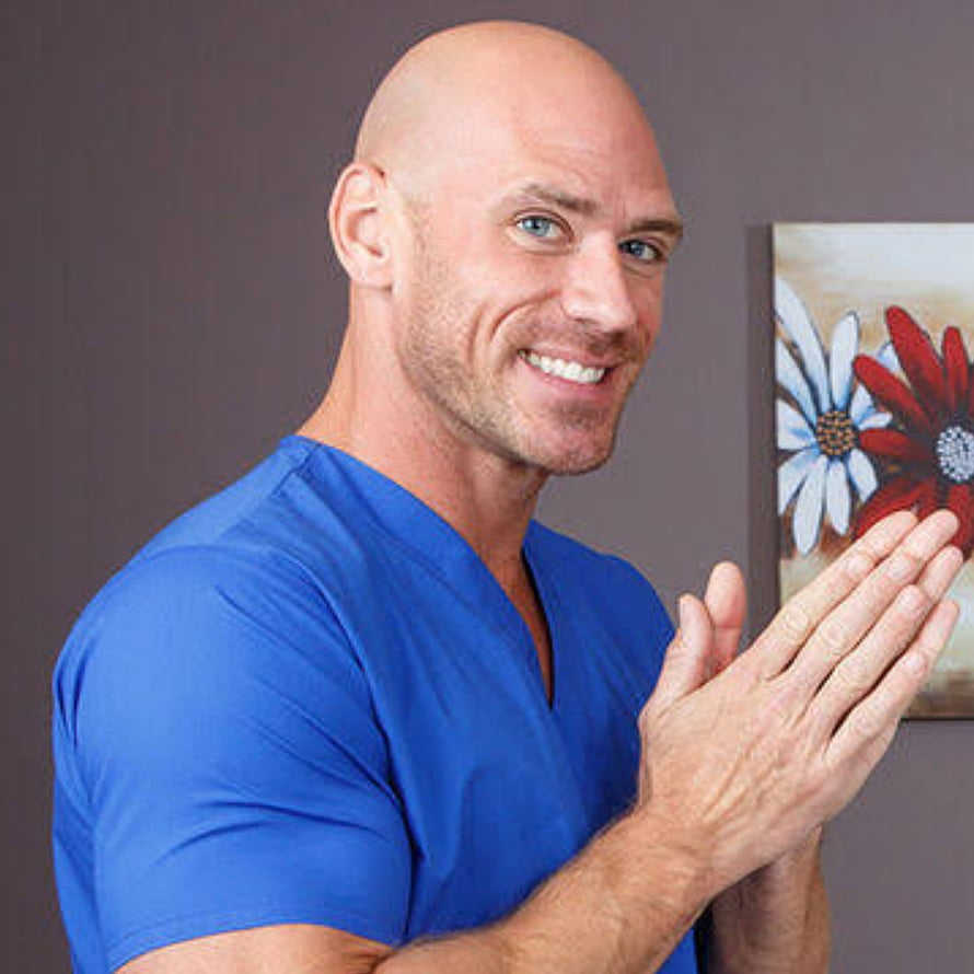 Portrait of a smiling bald man in blue medical scrubs clapping hands with a floral painting in the background, Johnny Sins, doctor_teacher_plumber, deliveryman_preacher, Johnny_bhaiya, dentist_yoga_businessman, everything, astronaut_firefighter, cop_army_culprit, Johnny_Sins HD phone wallpaper