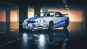 Nissan Skyline R34 GT-R Fast and Furious Livery in Dramatic Underpass Setting HD wallpaper