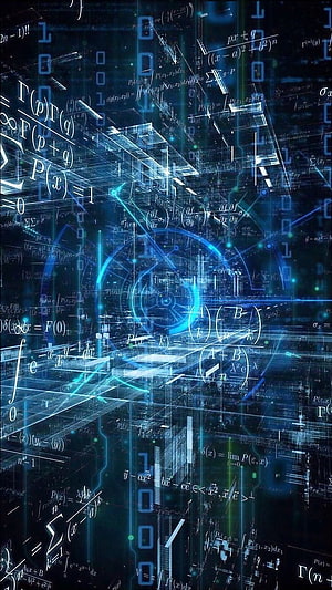 Abstract Digital Mathematics Background With Glowing Blue Formulas And Binary Code HD phone wallpaper