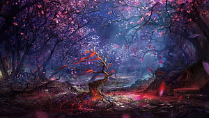 Mystical Fantasy Forest with Glowing Red Tree and Pink Blossoms HD wallpaper