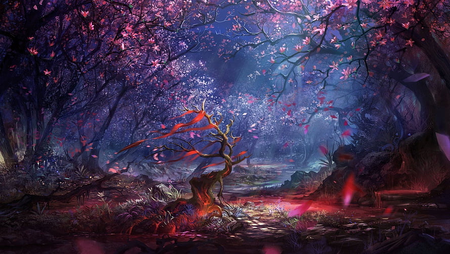 Mystical Fantasy Forest with Glowing Red Tree and Pink Blossoms HD wallpaper