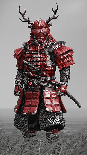 Red Samurai Warrior With Antler Helmet And Katana Standing In Misty Field HD phone wallpaper