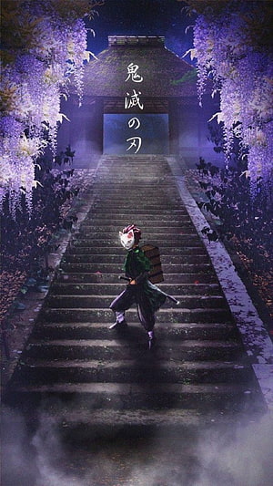 Demon Slayer Character Walking Up Stone Steps Under Purple Wisteria Flowers at Night HD phone wallpaper
