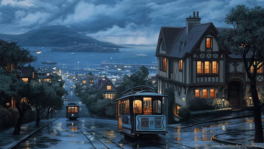 Vintage Cable Car on Rainy Hillside Street with Victorian Architecture and Coastal City View HD wallpaper