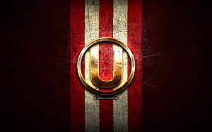 Club Universitario de Deportes Golden Emblem on Red and White Striped Grunge Background HD wallpaper