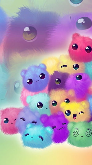 Colorful Kawaii Fluffy Monster Characters with Big Eyes and Cute Expressions HD phone wallpaper