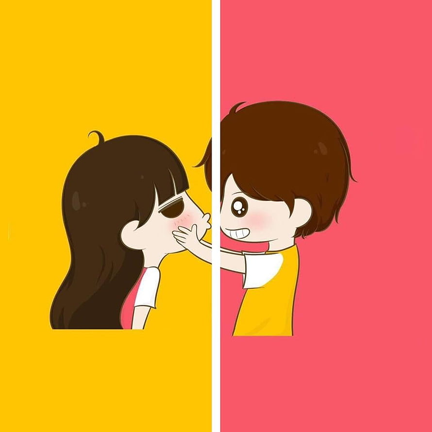 Cute Cartoon Couple Sharing a Kiss on Split Yellow and Pink Background HD phone wallpaper
