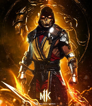 Scorpion from Mortal Kombat 11 in golden armor with flaming sword and dragon background HD phone wallpaper