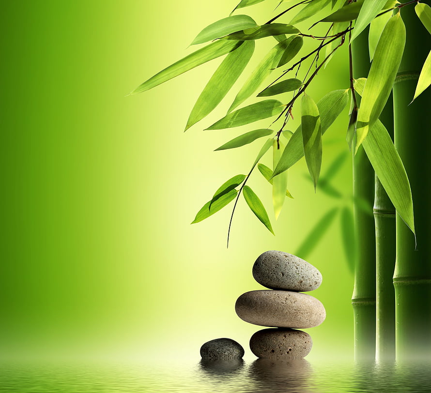 Zen Garden Bamboo and Stacked Stones on Calm Water HD wallpaper