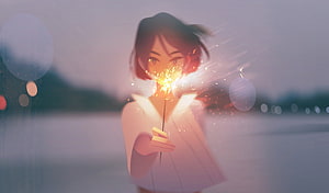 Anime Girl Holding Sparkler at Sunset with Bokeh Lights HD wallpaper