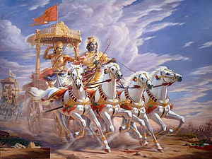 Arjuna and Krishna in the Kurukshetra War Chariot from the Mahabharata HD wallpaper