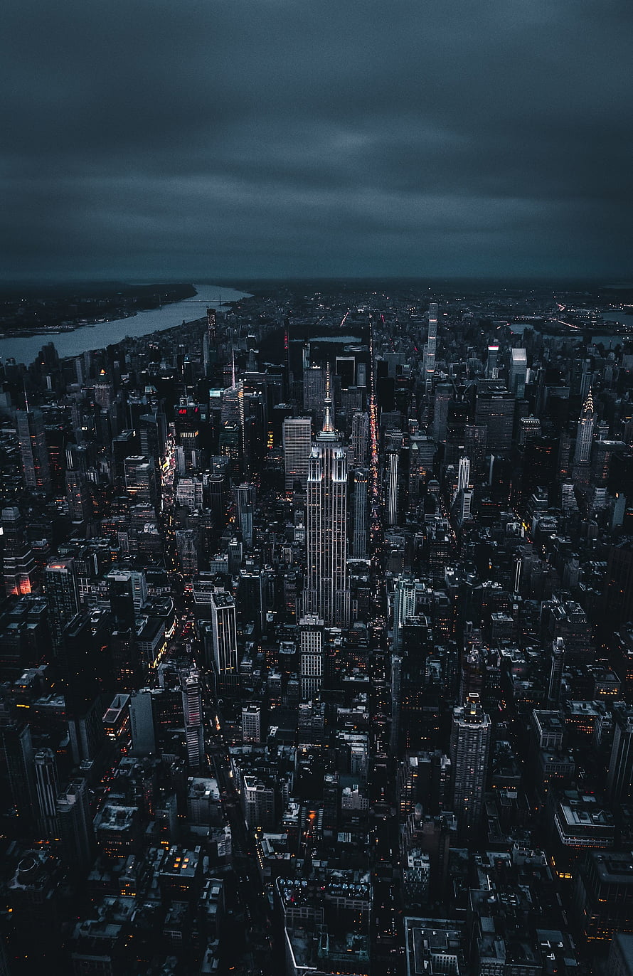 Aerial View of New York City Skyline at Night with Empire State Building HD phone wallpaper