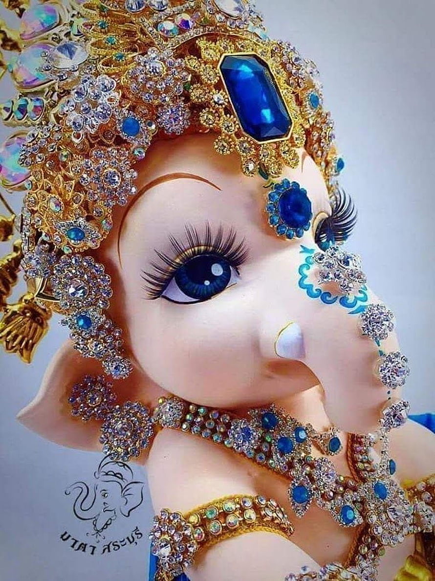 Adorned Baby Ganesha with Golden Crown and Blue Gemstone Jewelry HD phone wallpaper