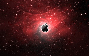 Apple Logo Centered in a Red Cosmic Galaxy Nebula Starfield HD wallpaper
