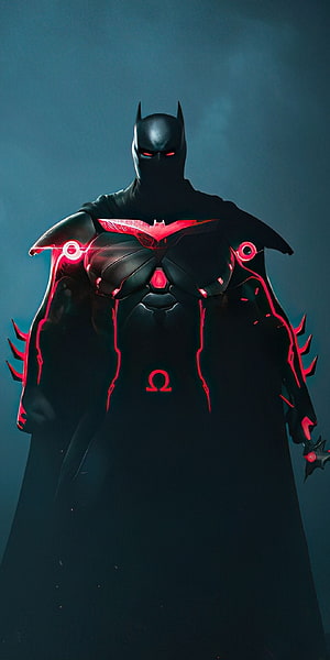 Dark Batman Concept Art with Glowing Red Armor and Omega Symbol, Amoled S6 Superhero, Best Superhero HD phone wallpaper