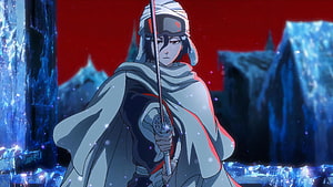 Rukia Kuchiki in Bleach anime scene with sword and red sky HD wallpaper