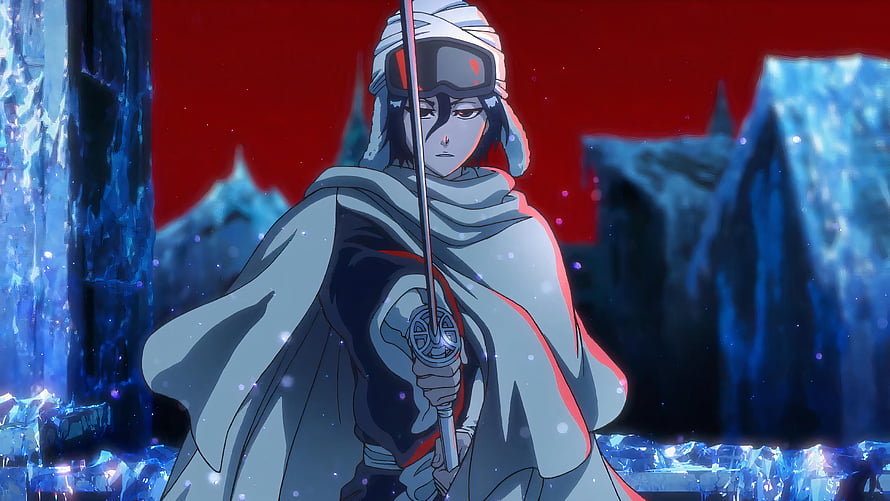 Rukia Kuchiki in Bleach anime scene with sword and red sky HD wallpaper