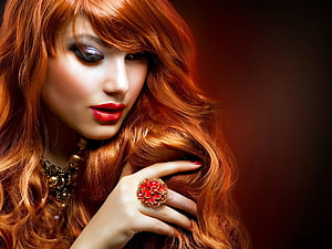 Glamorous Portrait of a Woman with Vibrant Red Hair and Bold Makeup, Beauty Salon , Saloon HD wallpaper