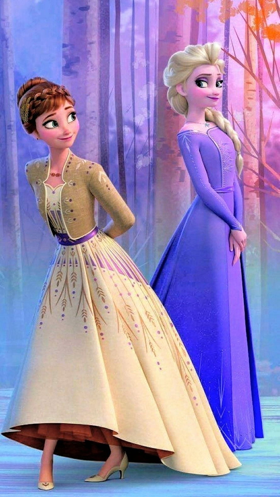 Anna and Elsa from Frozen 2 standing together in a magical forest with autumn colors HD phone wallpaper