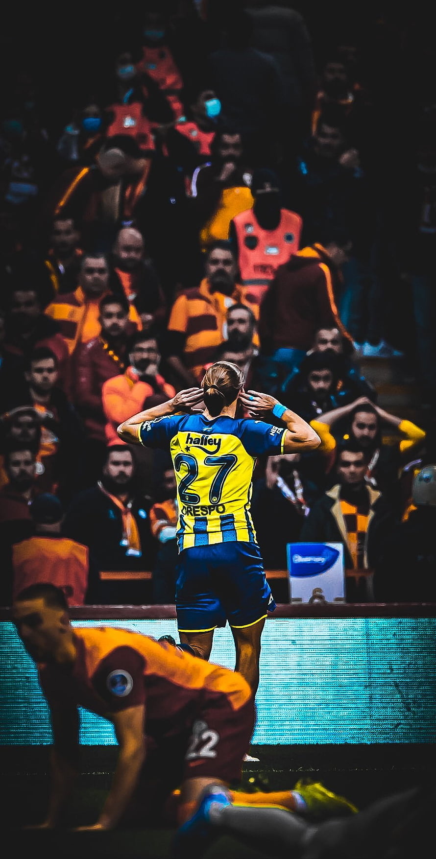 Miguel Crespo in Fenerbahce kit celebrating on the pitch with Galatasaray fans in the stands HD phone wallpaper