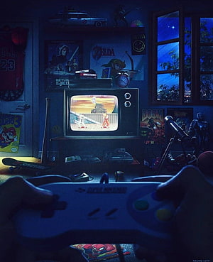 Nostalgic Retro Gaming Bedroom with Super Nintendo Controller and Classic Video Game Posters HD phone wallpaper