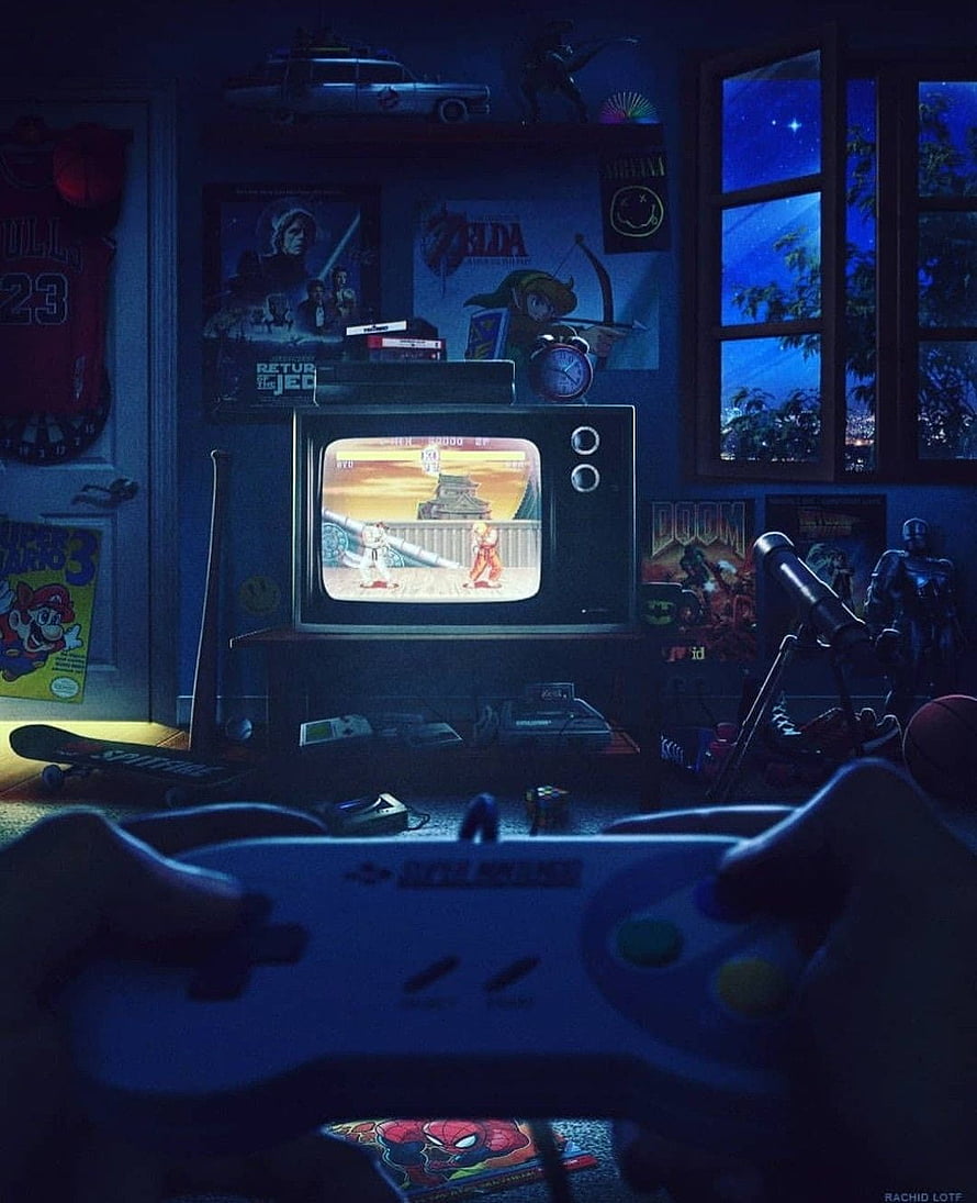 Nostalgic Retro Gaming Bedroom with Super Nintendo Controller and Classic Video Game Posters HD phone wallpaper