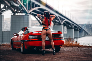 Red Toyota Supra with Woman in Fishnets Under Steel Bridge, Girl-And-Car, Car, Girl, WOmen, And HD wallpaper