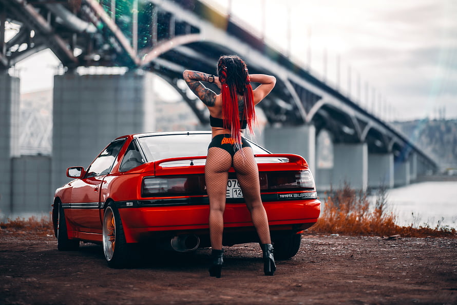 Red Toyota Supra with Woman in Fishnets Under Steel Bridge, Girl-And-Car, Car, Girl, WOmen, And HD wallpaper