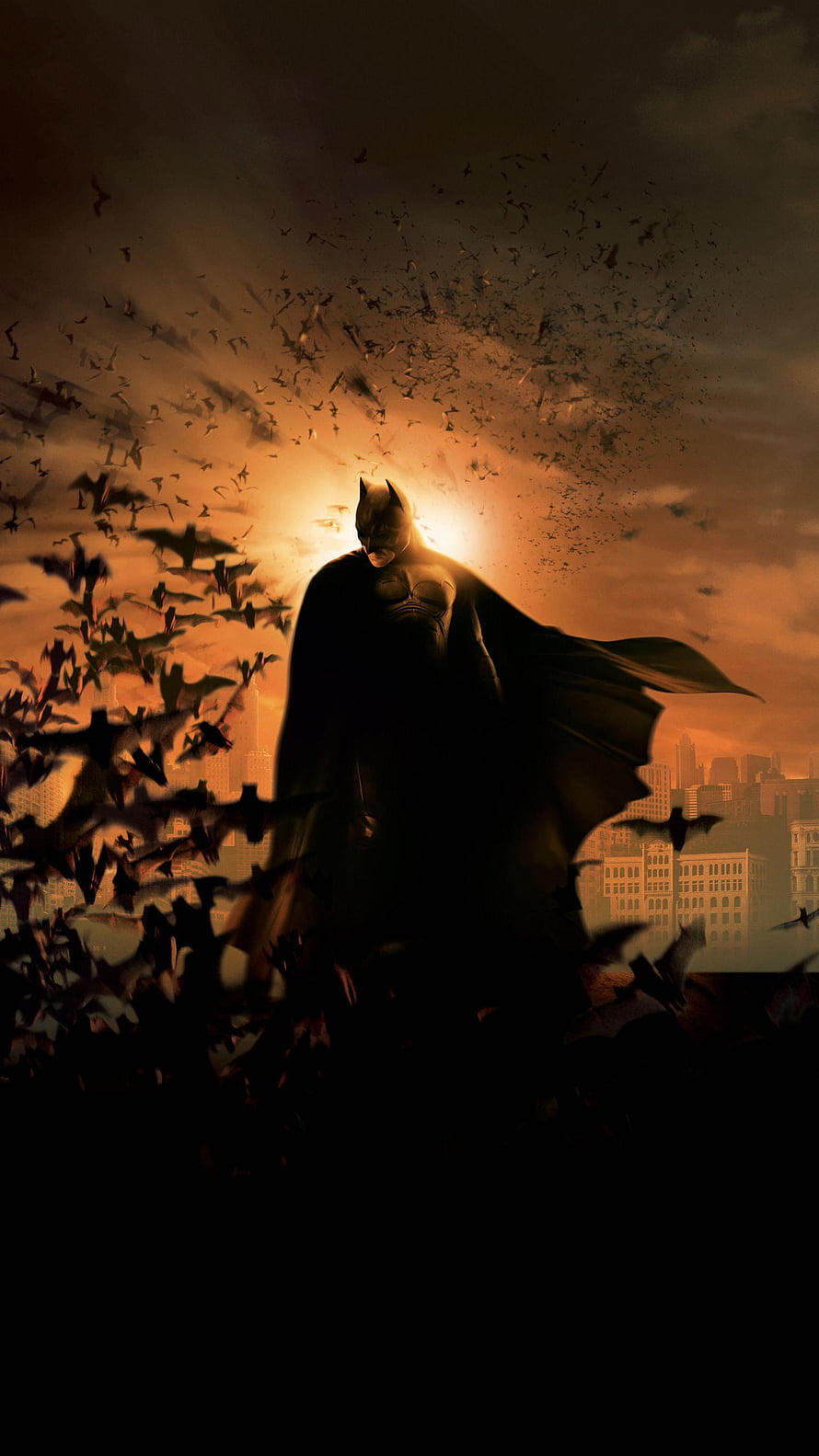 Batman Silhouette Surrounded by Swarming Bats Against Orange Sunset City Skyline, Batman Begins (2005) , The Batman 2004 HD phone wallpaper