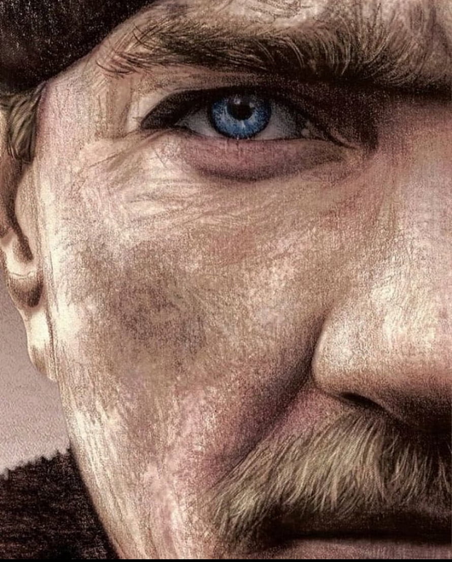 Close-up portrait of a rugged man with intense blue eyes and a mustache, detailed digital painting style, Atatürk, Leader, Ata HD phone wallpaper