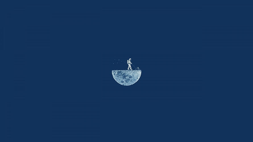 Minimalist Astronaut Mowing the Moon in Deep Blue Space HD wallpaper