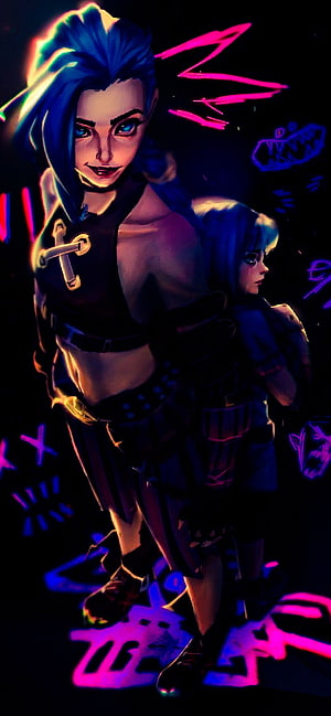 Jinx and Vi from Arcane in a dark neon-lit digital illustration with graffiti accents HD phone wallpaper