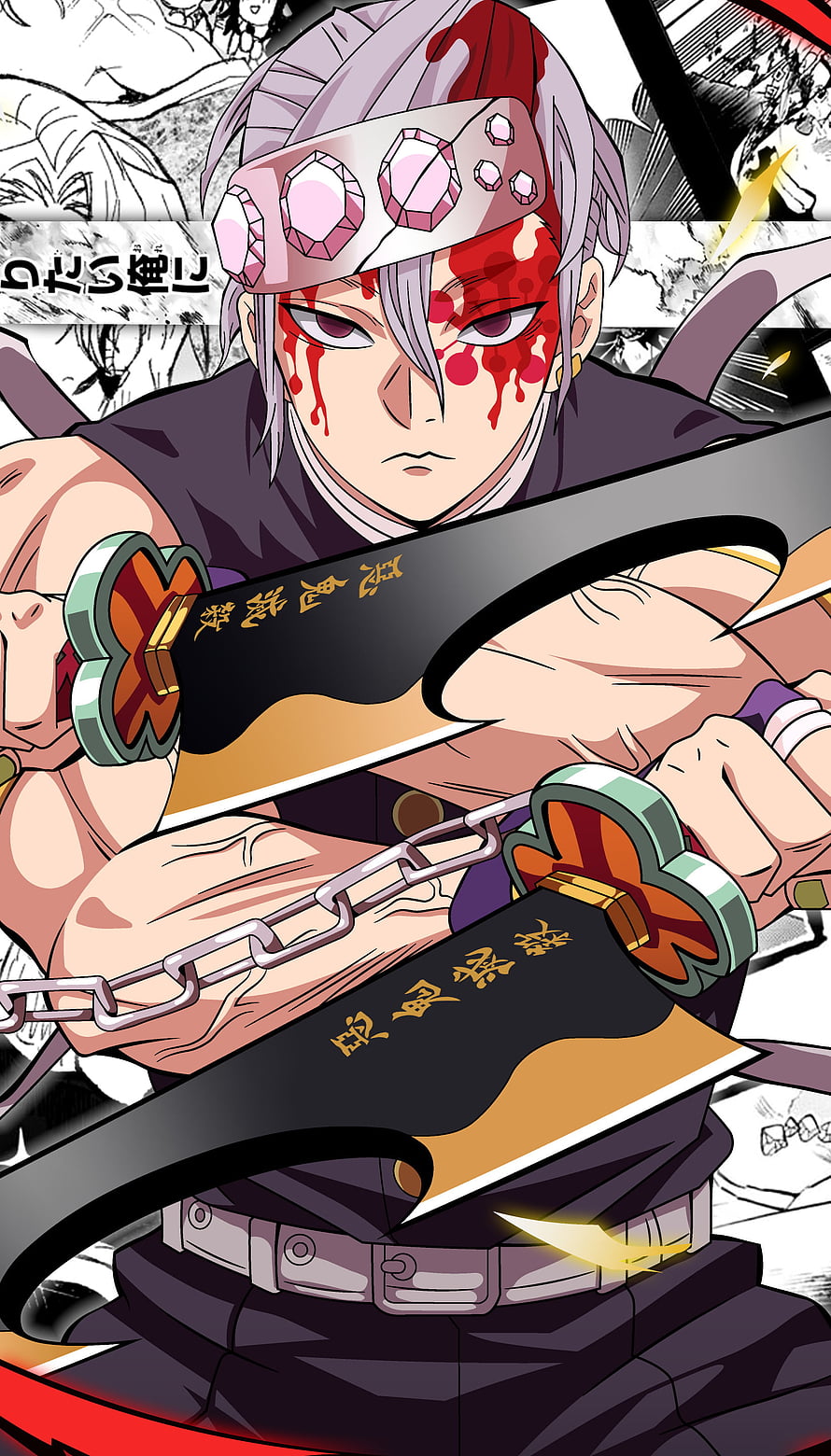 Gyomei Himejima wielding nichirin axes and chain in Demon Slayer anime style HD phone wallpaper