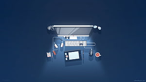 Top-Down View of a Minimalist Creative Workspace with Monitor, Keyboard, and Tablet HD wallpaper