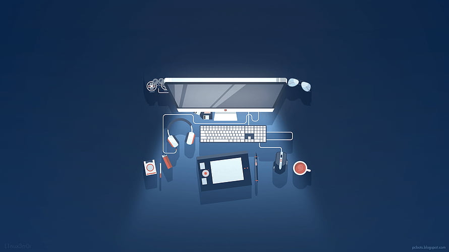 Top-Down View of a Minimalist Creative Workspace with Monitor, Keyboard, and Tablet HD wallpaper