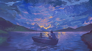 Lofi Girl and Dog Fishing in a Boat Under a Starry Twilight Sky HD wallpaper