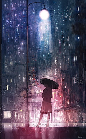 Lone Figure With Umbrella Under Streetlight In Rainy City Night HD phone wallpaper