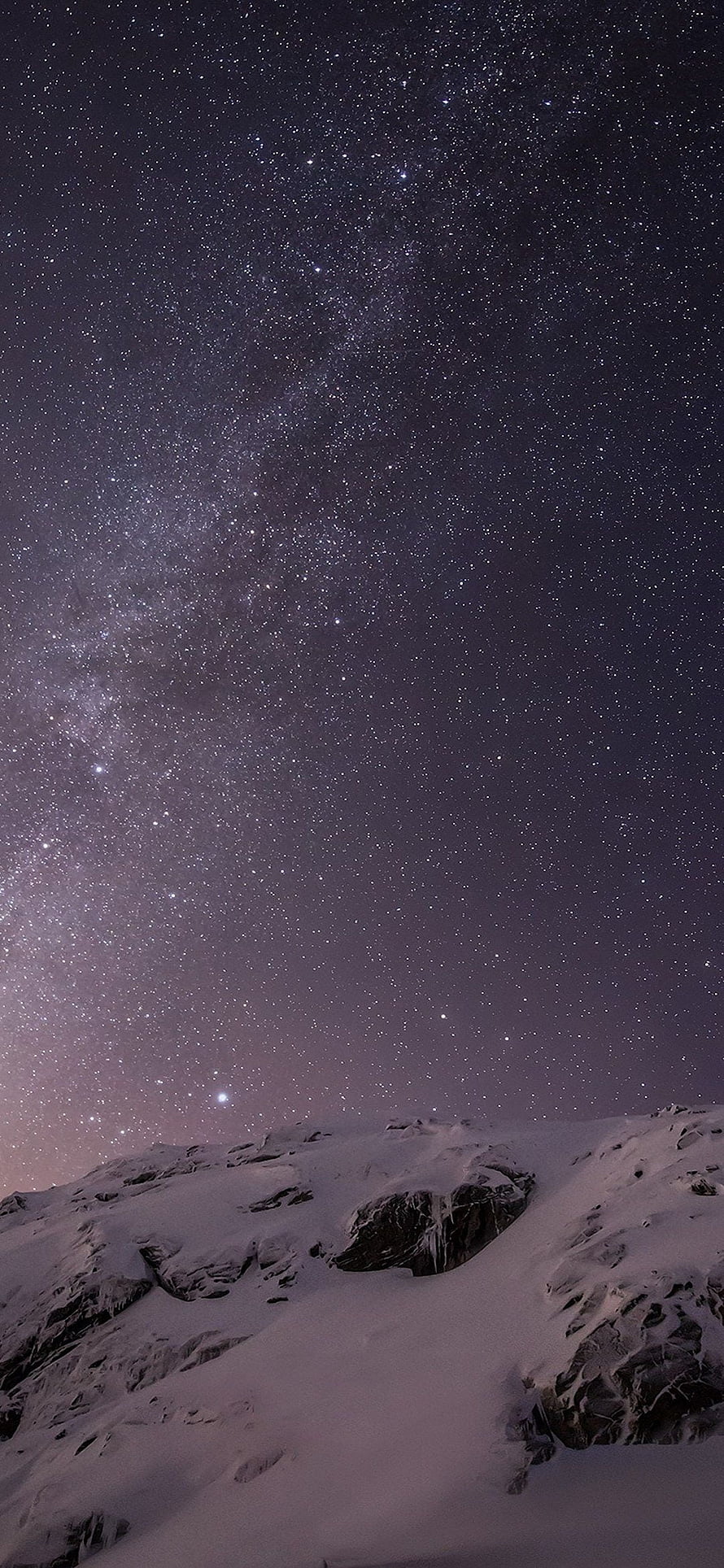 Milky Way Galaxy Arching Over Snow-Covered Mountain Ridge at Night HD phone wallpaper