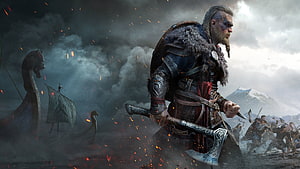 Viking Warrior With Axe And Shield In Battle Scene With Longships HD wallpaper