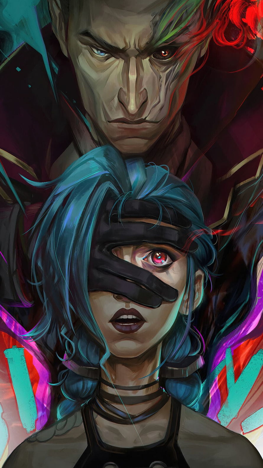 Arcane Jinx and Silco Digital Art Portrait with Neon Accents HD phone wallpaper