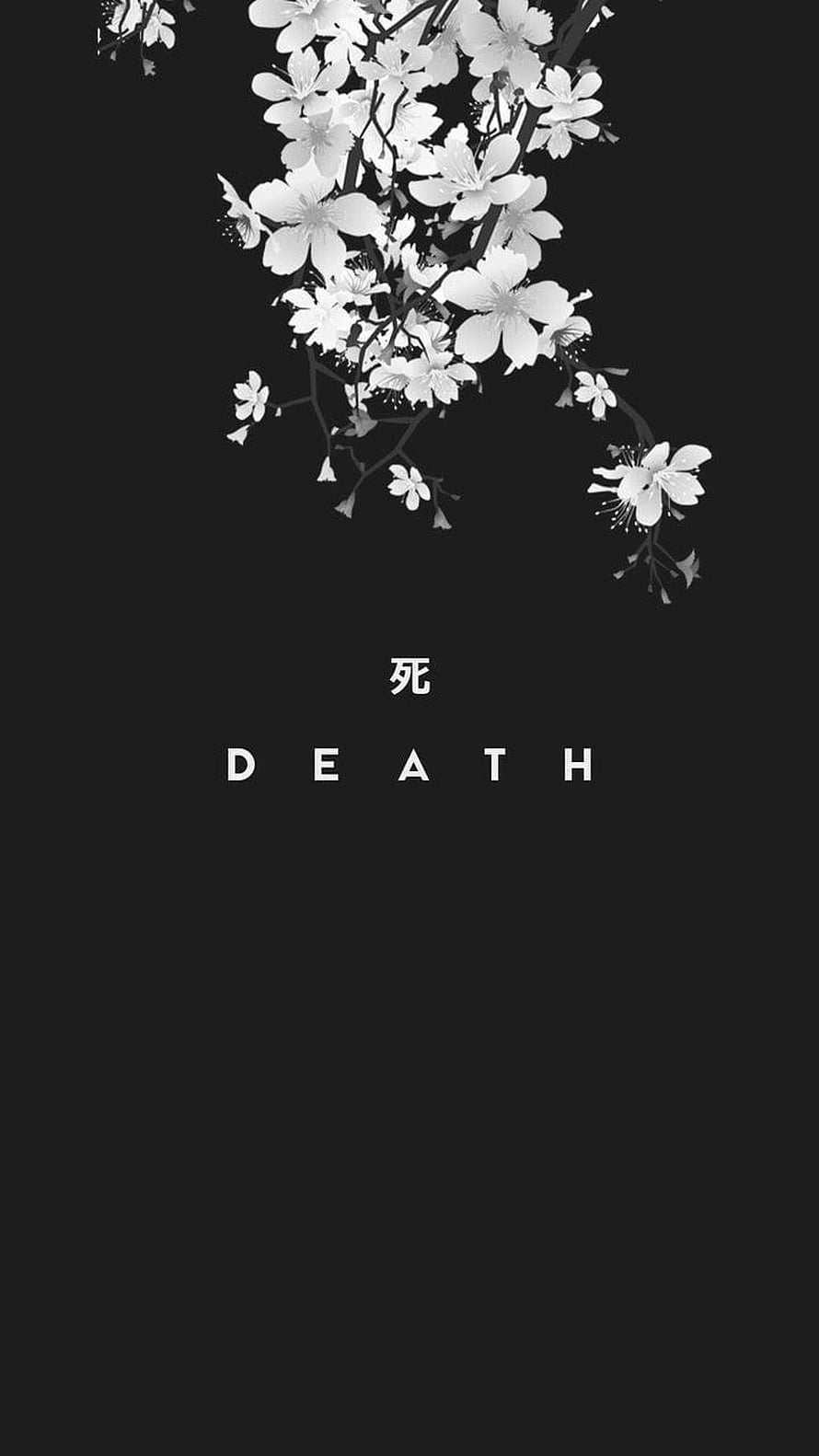 Monochrome Cherry Blossom Branch with Death Text on Black Background HD phone wallpaper