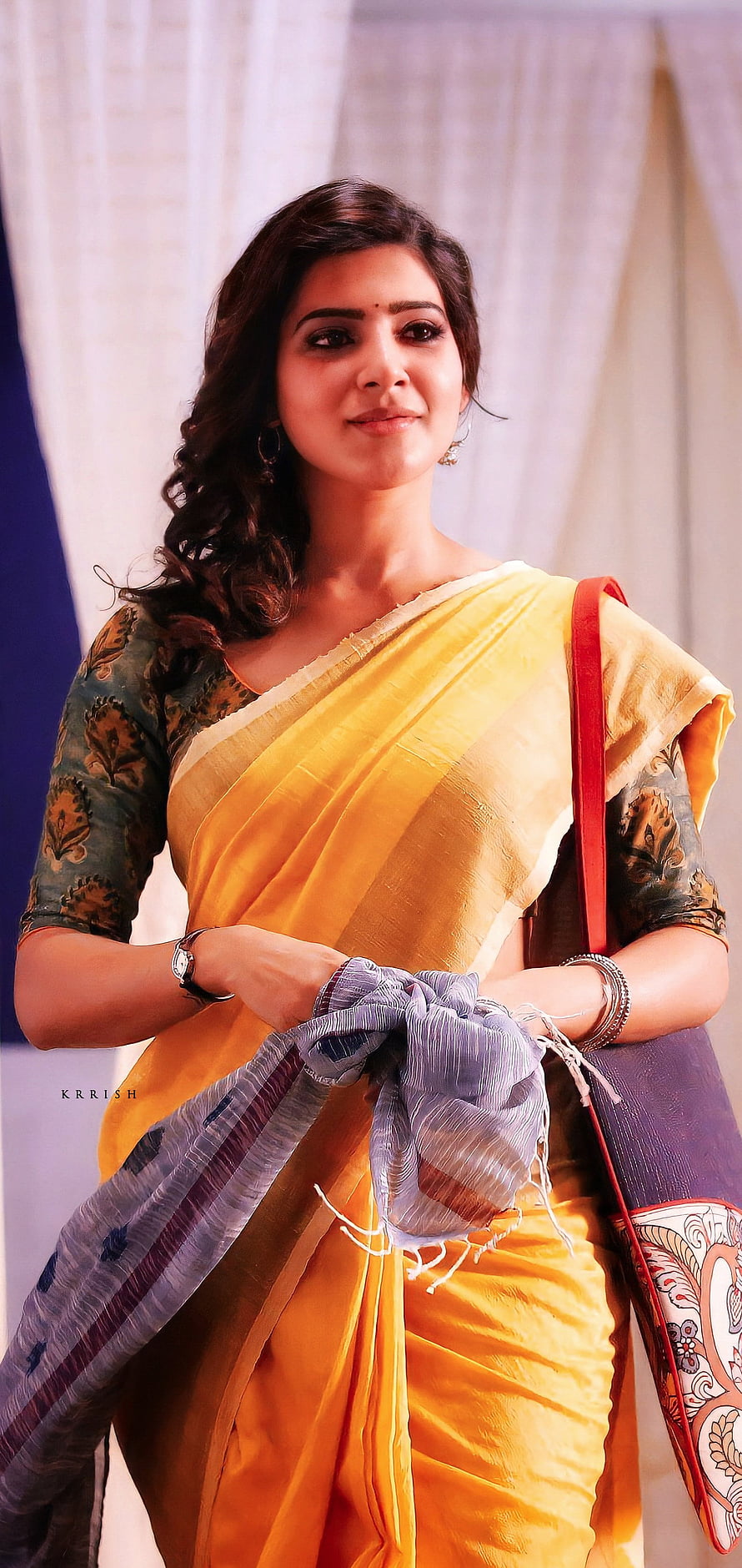 Samantha Akkineni in a vibrant yellow silk saree with floral blouse and traditional jewelry HD phone wallpaper