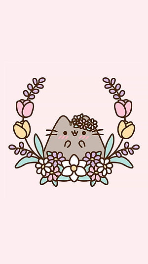 Pusheen Cat Kawaii Spring Floral Illustration with Tulips and Blossoms HD phone wallpaper